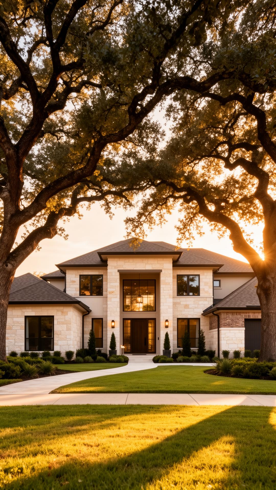 Premium Texas suburban limestone home at golden hour